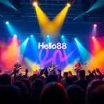 Live concert of Hello88 with vibrant lighting and an energetic crowd cheering.