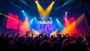 Live concert of Hello88 with vibrant lighting and an energetic crowd cheering.
