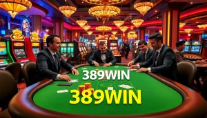 Players engaged in poker at 389WIN, showcasing excitement with chips and cards.
