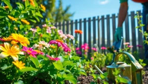 Gardening enthusiast caring for colorful plants in a serene garden setting.