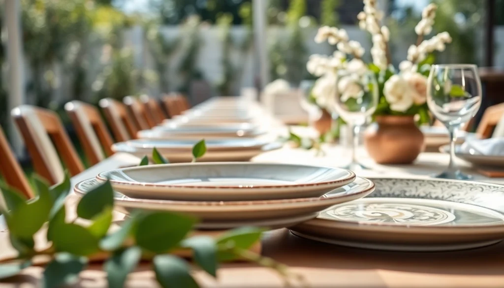 Showcase of stylish eco-friendly wedding plates on a beautifully set table in a garden.