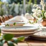Showcase of stylish eco-friendly wedding plates on a beautifully set table in a garden.