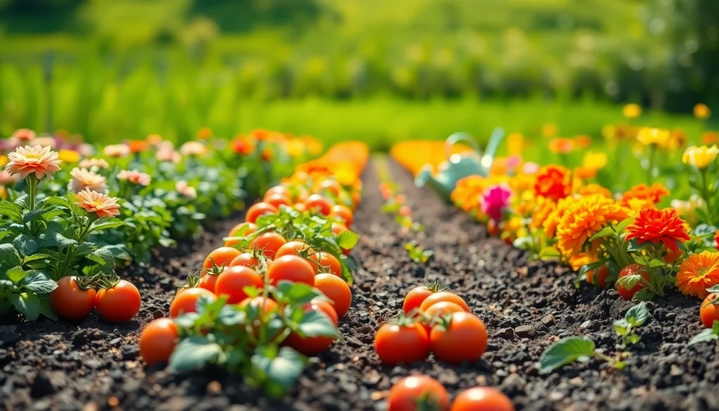 Gardening scene showcasing colorful vegetables and plants thriving in a sunlit garden.