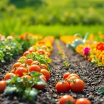 Gardening scene showcasing colorful vegetables and plants thriving in a sunlit garden.