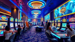 Engaging and vibrant scene of F168's online casino showing diverse gaming activities and immersive experiences.