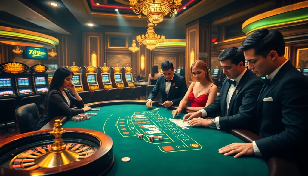 Engaged players at a blackjack table in a luxurious casino setting with nhà cái 789win branding.