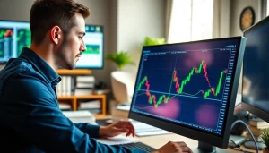 Trader using hotforex mt4 on a computer screen with clear candlestick charts.