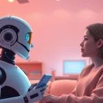 Engaging conversation about sex ai between a user and a friendly AI chatbot in a cozy virtual space.