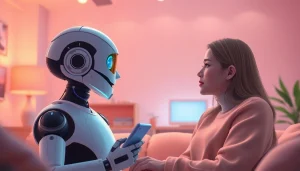 Engaging conversation about sex ai between a user and a friendly AI chatbot in a cozy virtual space.