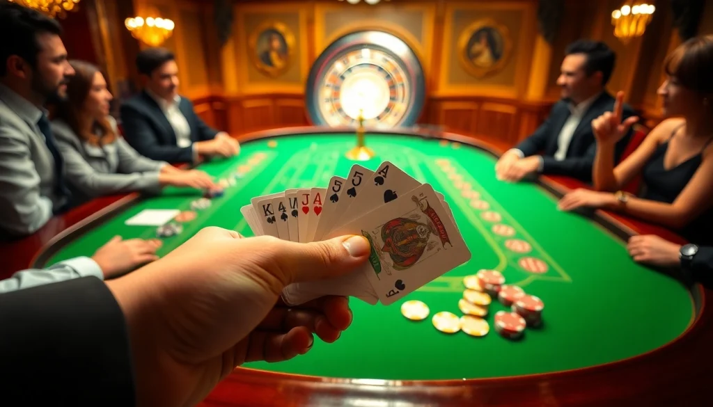 Experience the thrill at QQ88 with vibrant poker chips and engaging players in a casino atmosphere.