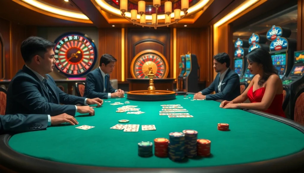 Engage in thrilling gameplay at go88's luxurious casino scene with vibrant tables and players.