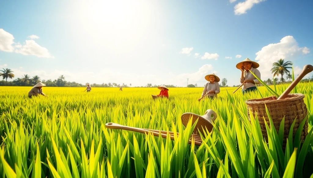 Petani toto bekerja di ladang padi yang subur dengan alat pertanian tradisional.