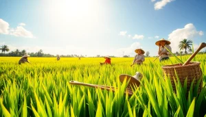Petani toto bekerja di ladang padi yang subur dengan alat pertanian tradisional.