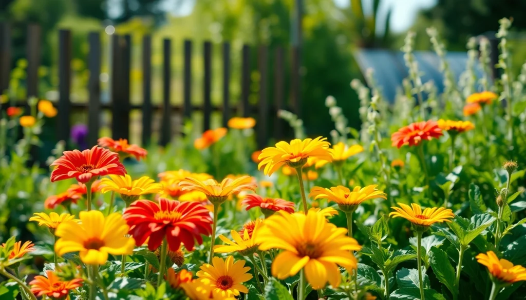 Gardening with vibrant flowers and lush vegetables in a sunlit outdoor setting.