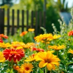 Gardening with vibrant flowers and lush vegetables in a sunlit outdoor setting.