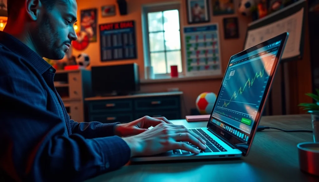 Engaged bettor researching sportsbooks in Manitoba in a cozy home office.