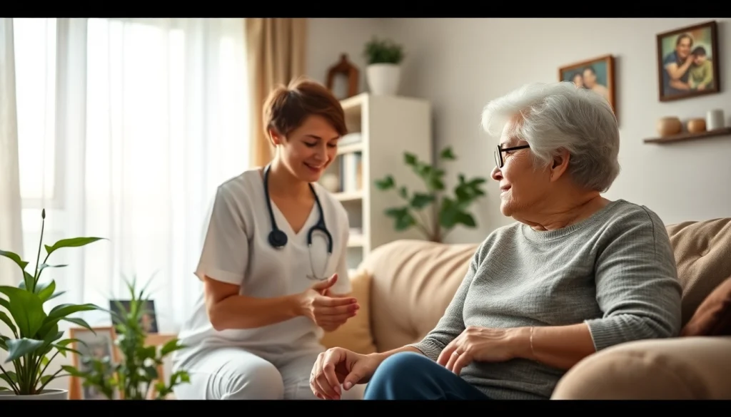 Caregiver providing in home care in Austin TX to a senior in a comfortable living room.