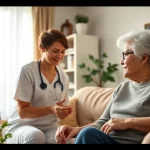 Caregiver providing in home care in Austin TX to a senior in a comfortable living room.