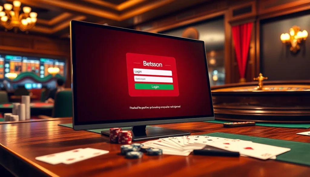 Betsson Login screen displayed amidst a vibrant casino setting, highlighting excitement and elegance in gambling.