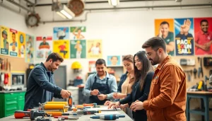 Enthusiastic students in trade schools in southern California working together in a dynamic learning environment.