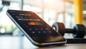 Calculate your metabolic age calculator with an intuitive interface displayed on a smartphone in a gym.