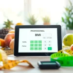 BMI calculator displayed on a device with fruits and a tape measure, inviting users to calculate their BMI.