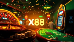 X88 players celebrating a win at a luxurious casino table amidst vibrant lights and excitement.