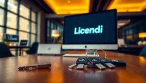 Showcasing Licendi software license keys on a modern desk, emphasizing quality and authenticity.