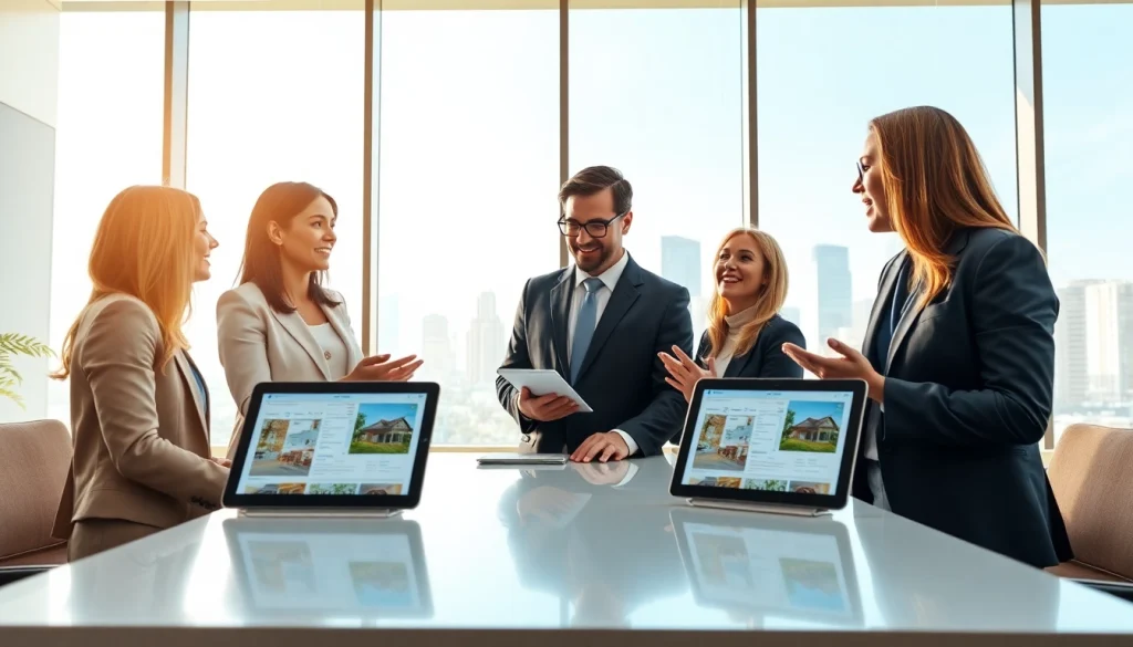 Real Estate agents collaborating in a modern office to find properties for clients.