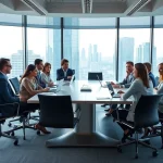 Business professionals collaborating effectively in a modern office setting.