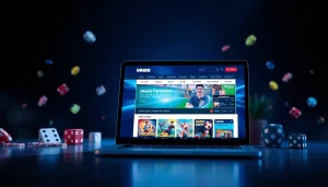 Showcase of MM88 online gaming platform on a laptop with vibrant graphics and trust-inducing colors.