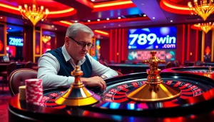 Exciting casino atmosphere showcasing a professional gambler at a roulette table with 789win com branding.