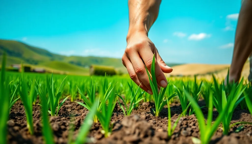 Menggambarkan petani toto yang sedang menanam di ladang hijau subur.