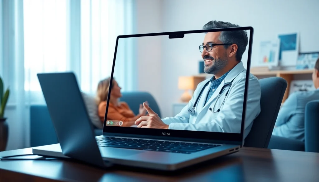 クリニックフォア AGA 口コミ オンライン相談の設定：親しみやすい医師と安心した患者、遠隔医療を強調