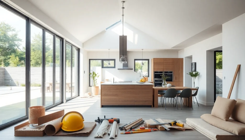 Stunning house extension construction featuring contemporary open-plan living space and modern kitchen designs.