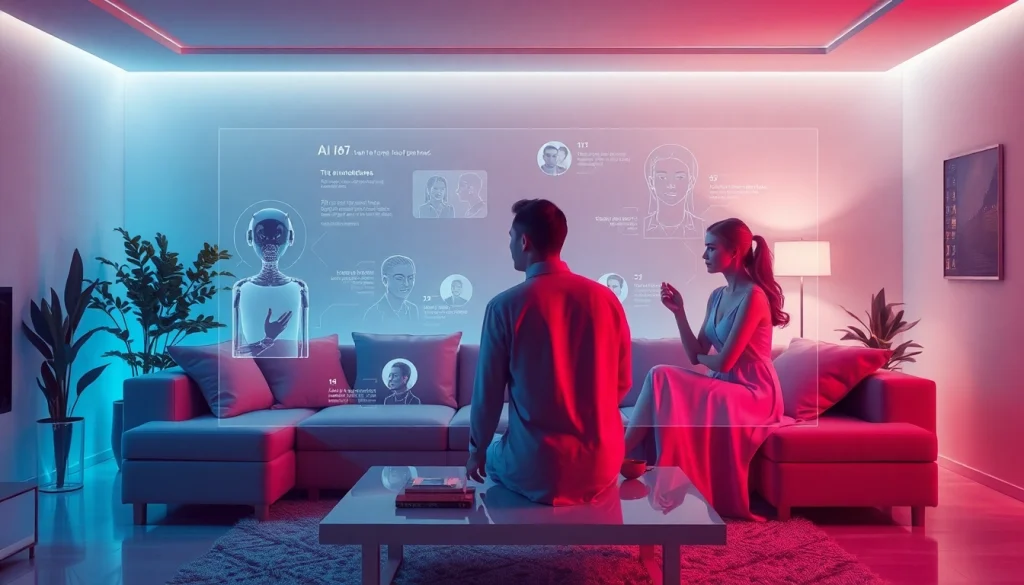 Futuristic scene depicting AI-generated romance and intimate interactions, showcasing the concept of sex ai.