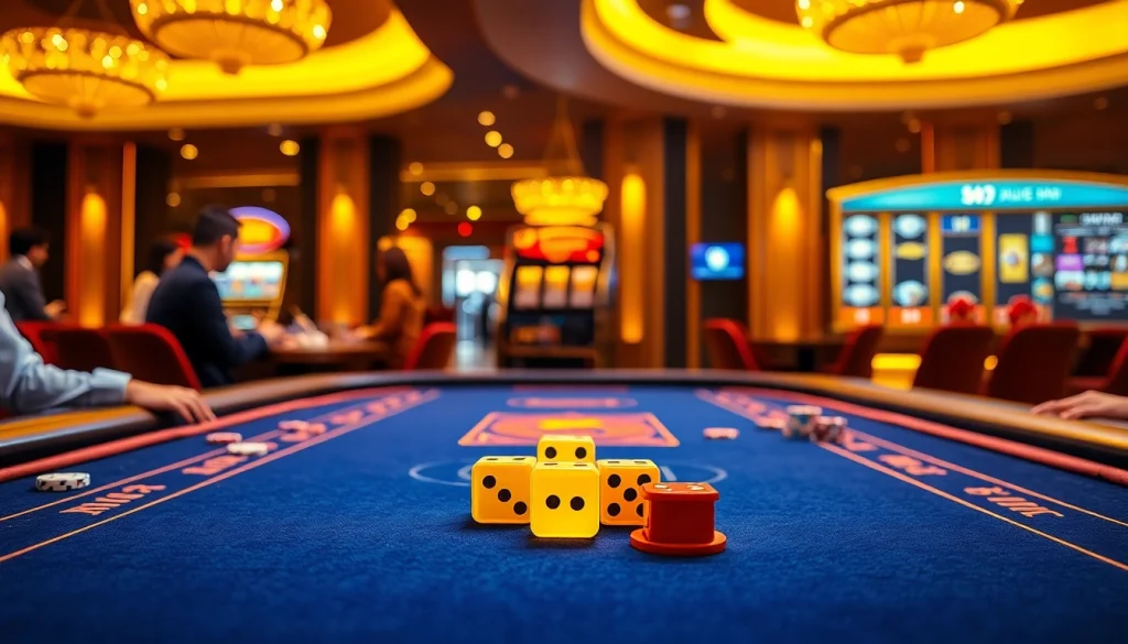 Engaged players enjoying Tài Xỉu MD5 at an elegant casino table with dice and chips.