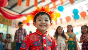 Een kind in een kleurrijk pietenpak brengt vreugde tijdens een feest.