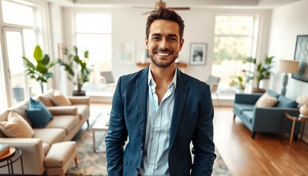 Real Estate agent engaging buyers in a beautifully staged living room setting.