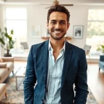 Real Estate agent engaging buyers in a beautifully staged living room setting.