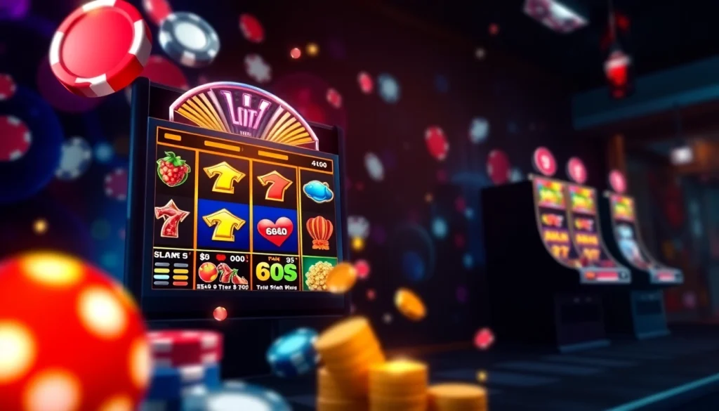 Menampilkan antarmuka QQSLOT777 yang menarik dengan mesin slot dan elemen kasino.