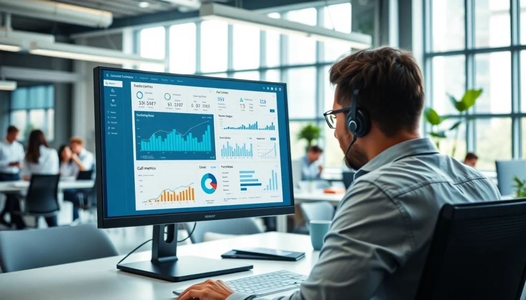 Engaged user showcasing call center software on a modern desktop interface.