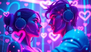 Engaging scene of avatars interacting in a vibrant digital landscape representing sex AI