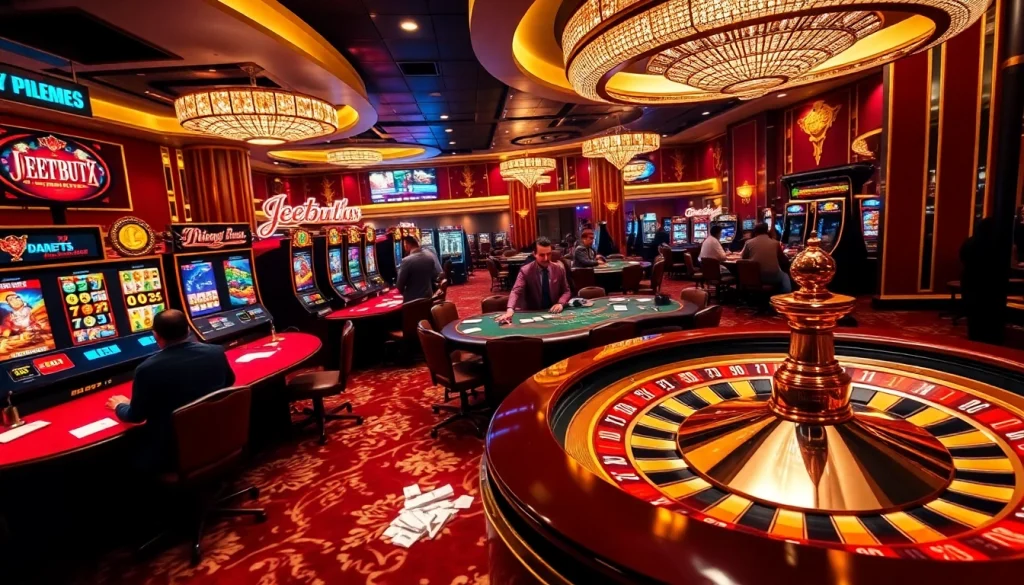 Engaging Jeetbuzz live net casino scene with vibrant tables, slot machines, and roulette wheels.