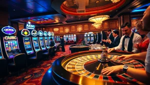 Catching the excitement at the liên minh okwin casino with players engaged in roulette and slot machines.