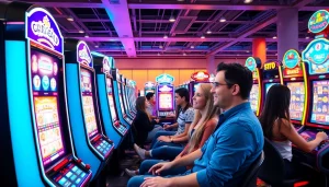 petani toto beraksi dengan slot grafis cerah dan pemain yang terlibat di kasino modern