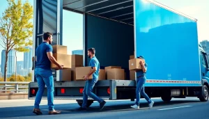 Professional movers working efficiently illustrate the best moving company in Vancouver, showcasing teamwork in an urban setting.