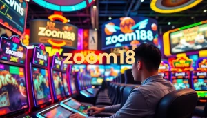 Menampilkan pengalaman bermain zoom188 di ruang permainan dengan layar dan mesin modern.