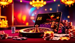 Engaging scene of king88 đăng nhập interface with poker chips and roulette wheel.