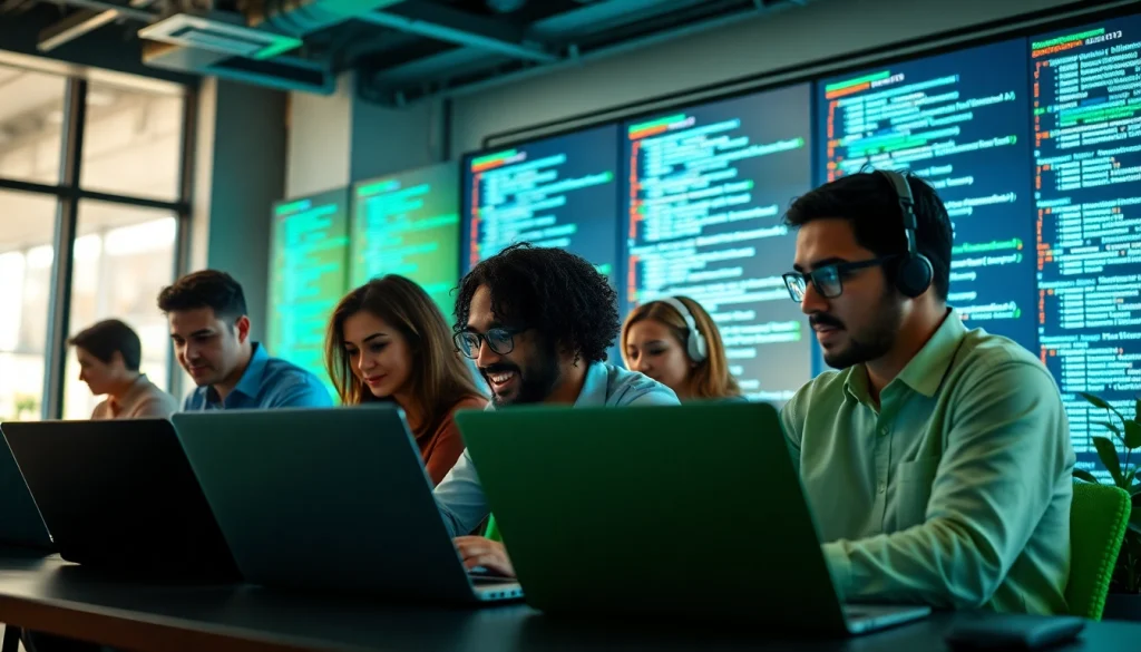 Hire .Net developers engaged in collaborative coding within a modern office setting.